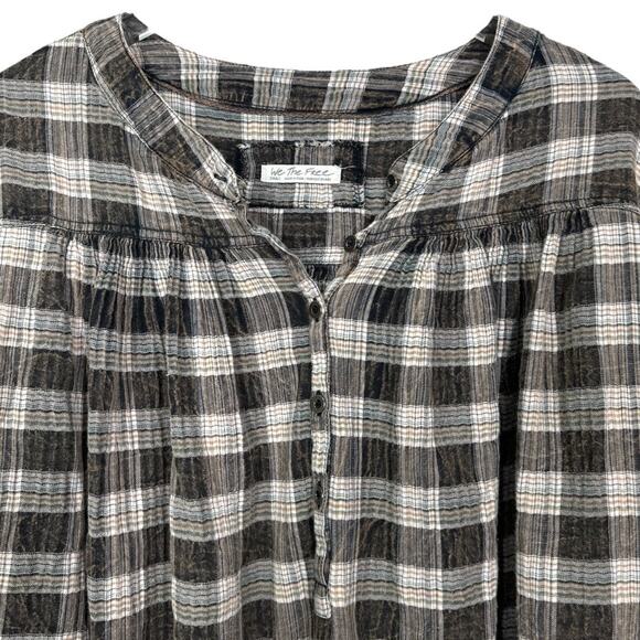 Free People Jessi Plaid Balloon Sleeve Top Small Brown Boho Cottage Casual - Picture 4 of 9